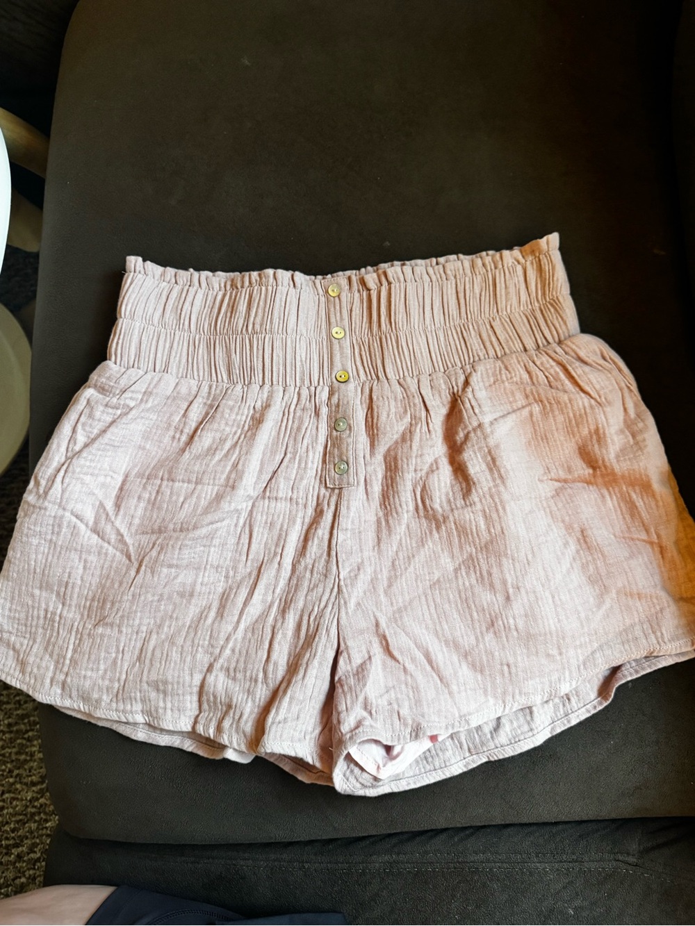 Pink Lily Light Pink High-Waist Smocked Linen-Blend Shorts